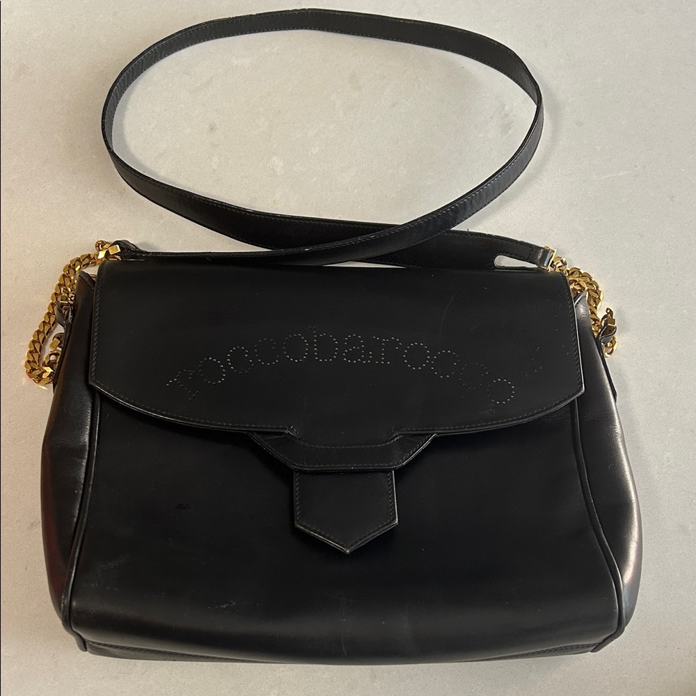 RoccoBarocco Black Leather Crossbody or shoulder bag w gold chain vintage